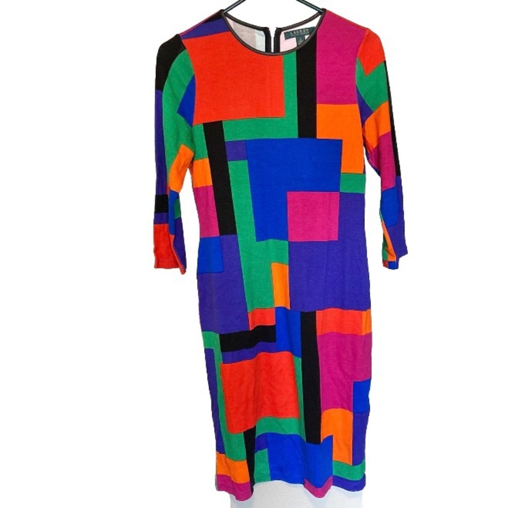 Ralph Lauren S Color-block Vibrant Colorful  Ponte Midi Dress 3/4 Sleeve Sheath